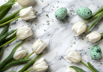 Wall Mural - easter floral frame with white tulips and eggs