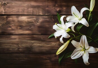 Wall Mural - white easter lilies on wooden background