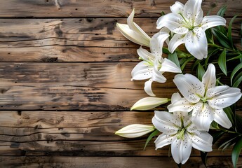 Wall Mural - white easter lilies on rustic wooden background