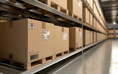 Poster - Boxes stored neatly on shelves in a warehouse, showcasing organized storage solutions for logistics and inventory management.