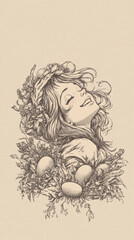 Wall Mural - A drawing of a child laying in a nest with eggs