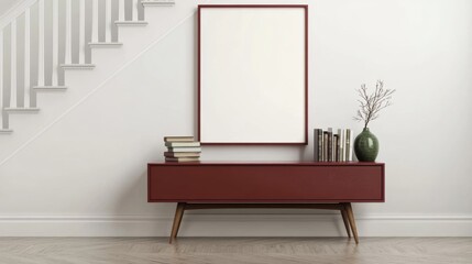 Wall Mural - A picture frame on a red dresser in a white room