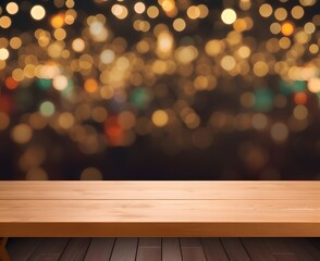 wooden table mockup christmas lights background