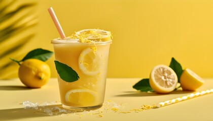 Wall Mural - Refreshing lemonade slushie adorned with lemon zest garnish in a clear cup featuring a vibrant straw