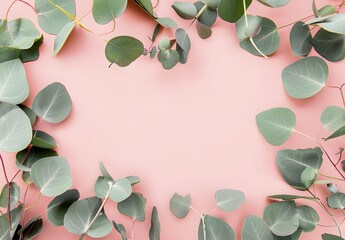 Wall Mural - eucalyptus leaves frame on pastel pink background