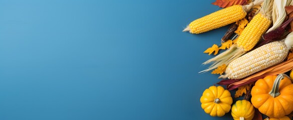 Wall Mural - autumnal corn, pumpkins, and leaves on blue background