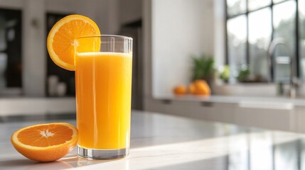 Wall Mural - glass of orange juice with orange slices on a kitchen counter.
