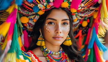 Vibrant celebration of a Brazilian bride in a colorful dress surrounded by festive decorations