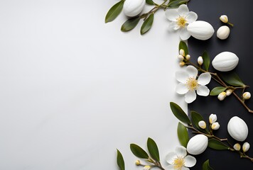 Wall Mural - minimalist easter floral flat lay with white flowers and eggs