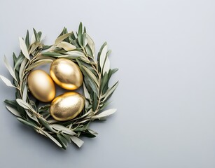 Wall Mural - golden easter eggs in olive branch wreath