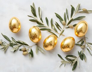 Wall Mural - golden easter eggs with olive branch wreath