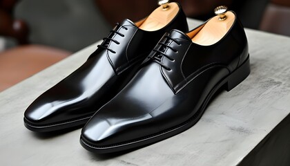 Wall Mural - Elegant black leather mens shoes with classic shoelace design