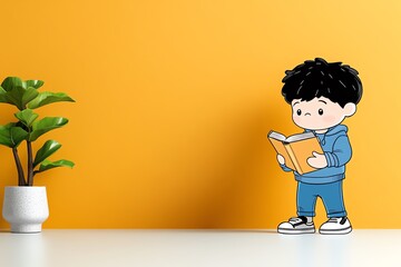 Aufkleber - A minimalist illustration of a child holding a book, with simple lines and soft colors capturing the essence of reading
