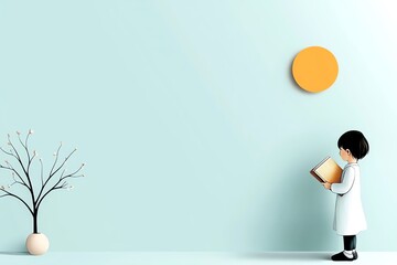 Aufkleber - A minimalist illustration of a child holding a book, with simple lines and soft colors capturing the essence of reading