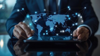 Poster - A businessman uses a tablet to connect to the world, symbolized by a glowing digital map.