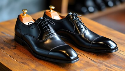 Wall Mural - Elegant black leather mens shoes with classic shoelace design