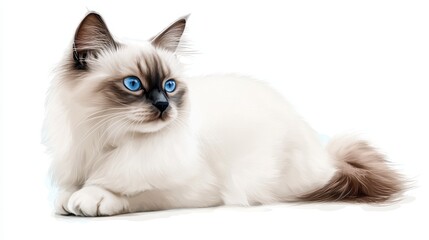 A fluffy white cat with striking blue eyes lying on a white background.