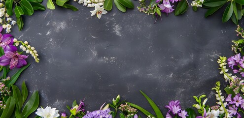 Wall Mural - purple & white flower border on dark gray background