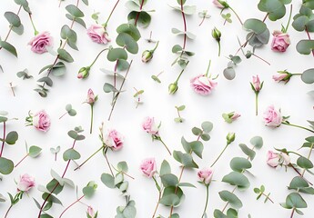 Wall Mural - pink roses and eucalyptus floral pattern
