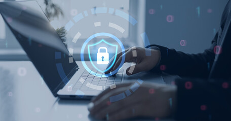 Poster - Network security system. Personal Data information on smartphone.Information and cyber security technology services.
Protecting herself from cyber attacks and personal data.Portection data access.