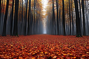 Poster - A misty autumn forest, with golden and red leaves carpeting the forest floor and soft light filtering through the trees