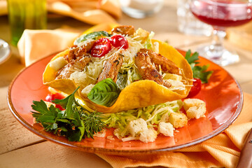 Sticker - Fresh Caesar Salad in Tortilla Bowl with Grilled Chicken and Cherry Tomatoes