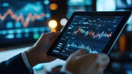 Poster - a businessman analyzes financial data on a tablet computer in a dimly lit office.