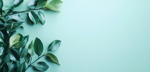 Wall Mural - green leaves on light blue background, banner design