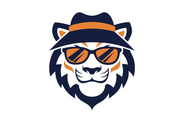 Wall Mural - A Tiger head logo with hat and sunglass silhouette, simple vector outline, on a white background vector art illustration