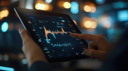 Poster - Close-up of a hand using a tablet to track financial data.