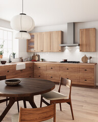 Wall Mural - A modern cozy kitchen featuring wooden elements, equipped with a round dining table