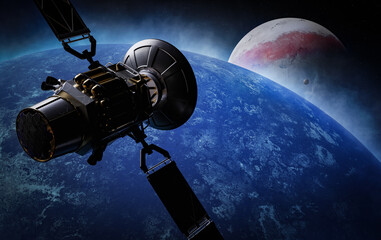 Wall Mural - satellite in space, and blue planet with ice, 3d illustration