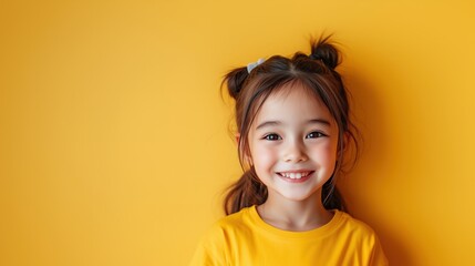 陽気な子供時代 - 春と夏に明るい黄色のシャツを着た笑顔の若い女の子