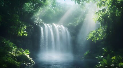 Pictures of enchanting misty rainforest with breathtaking waterfalls cascading