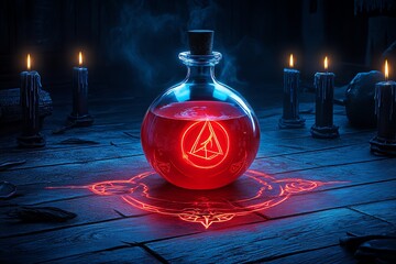 Poster - A mysterious red potion glowing in the dark, surrounded by black candles and magical symbols carved into the floor, in a potion fantasy artwork illustration