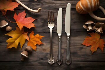 Wall Mural - autumn table setting with silverware and fall leaves
