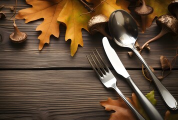 Wall Mural - autumn leaves and mushrooms table setting