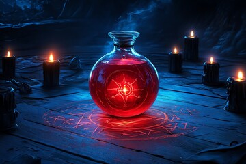 Poster - A mysterious red potion glowing in the dark, surrounded by black candles and magical symbols carved into the floor, in a potion fantasy artwork illustration