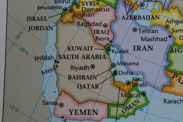 close up of the country of saudi arabia viewed on a wold map as a travel concept. saudi arabia on a 