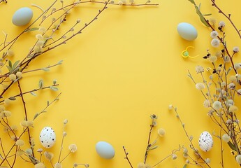 Wall Mural - happy easter background with willow branches and eggs