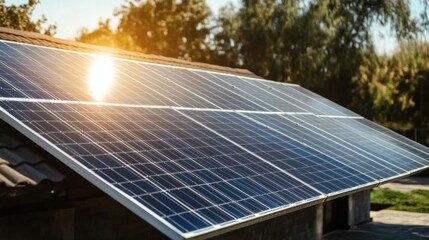 A solar panel is on a roof and the sun is shining on it