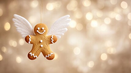 A delightful gingerbread man ornament with angel wings adorns a Christmas tree, shining brightly against a backdrop of festive bokeh lights