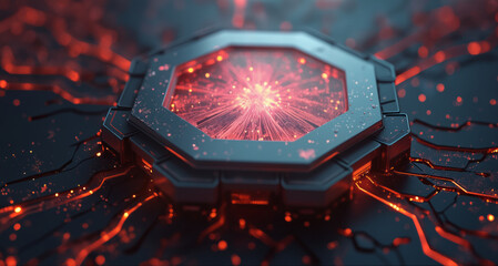 Poster - A futuristic, glowing red and black electronic component resting on a sleek black surface, surrounded by intricate, interconnected circuits and subtle lighting effects