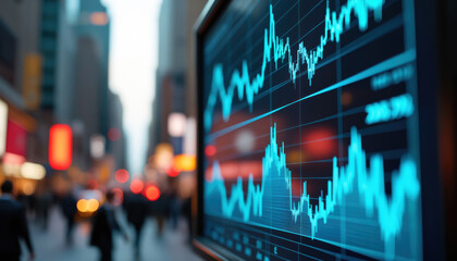 Poster - Stock Market Visualization on City Billboard: A stock market visualization displayed on a city billboard, symbolizing financial information in a public space.