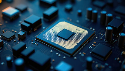 Poster - microchip on blue circuit board: close-up of a microchip on a blue circuit board with glowing compon