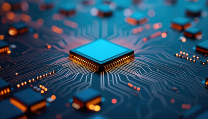 Poster - red microchip on blue circuit board: a red microchip on a blue circuit board, highlighting advanced 