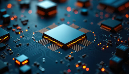 Poster - Dual Microprocessors on Circuit Board: Two microprocessors on a circuit board, representing modern computing and parallel processing technology.