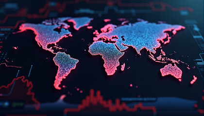 Poster - A world map on a computer screen, illuminated by red light against a dark background, suggests data visualization in a tech-focused setting.