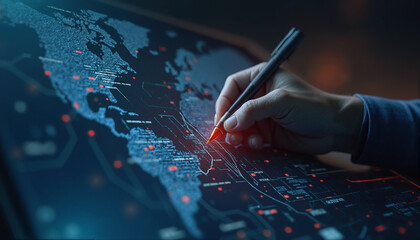 Poster - A hand draws on a computer screen displaying a world map, surrounded by red dots and futuristic lines in a dark tech setting.