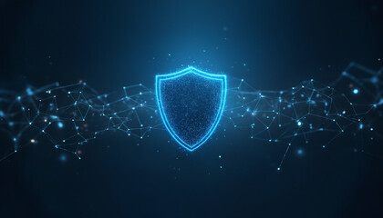 Poster - a bright blue shield on a dark blue background with interconnected lines and dots, represents cybers
